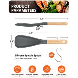 Cooking Spoon for Nonstick Cookwares, Great for Cooking and Serving Durable BPA-Free Matte Silicone, Wood Handle Spoon for Mixing, Scoop, and Scrape (Grey)