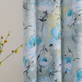 MYSKY HOME Blackout Curtains - 72 Inch Long Blue & Teal Grommet Curtains for Living Room - Room Darkening, Farmhouse Style with Flower Leaves Print