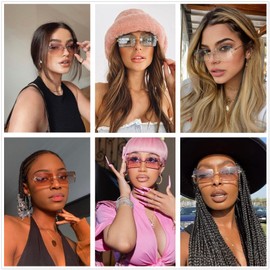 LASPOR Silver Rimless Sunglasses Rectangle for Men and Women 90s 2000s Retro Vintage Square Frameless Tinted Glasses Shades (Green + Pink)