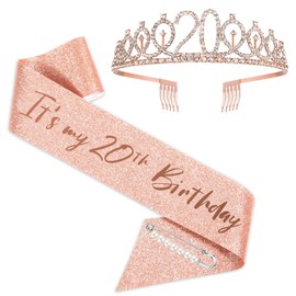 20th Birthday Sash and Tiara for Girls, Rose Gold It's My 20th Birthday Sash and Crown, 20th Birthday Gifts for Happy 20th Birthday Party Favor Supplies