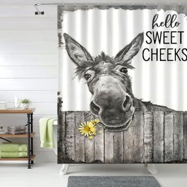 citari Shower Curtain, Funny Farmhouse Bathroom Decor, Rustic Country Black and White Cute Donkey Shower Curtain Sets, Modern Polyester Fabric Waterproof 12 Pack Plastic Hooks 60" x 72"