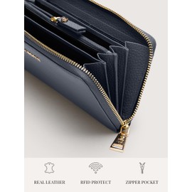 Lazarotti Bologna Women's Large Leather Purse Large Zip Compartment, 16 Card Slots, Coin Pocket, RFID Protection, 19 x 4 x 10 cm, navy, Classic