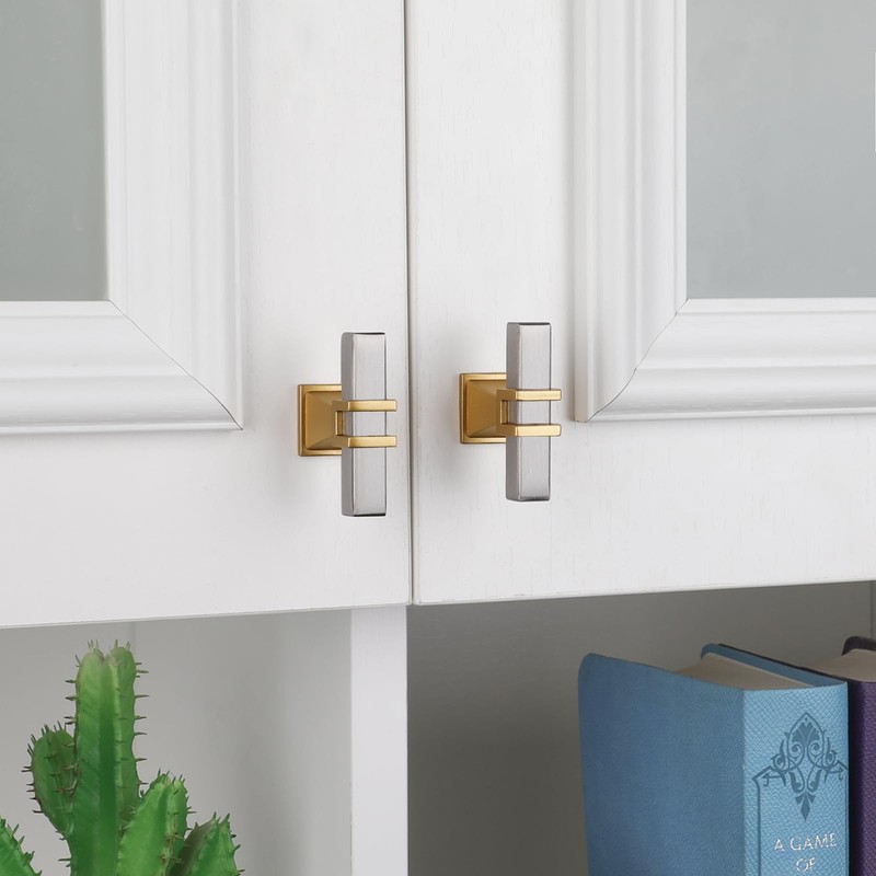 Haliwu 10 Pack Brushed Nickel Cabinet Knobs T-bar Silver&Gold Kitchen