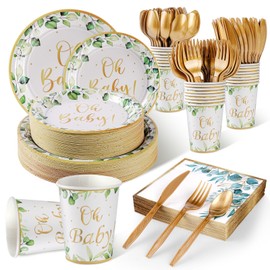 350PCS Sage Greenery Baby Shower Party Supplies Serves 50 Guests - Oh Baby Paper Plates, Napkins,Cups, Plastic Forks, Knives,Spoons for Baby Shower Bridal Shower Wedding Baptism Party Decorations
