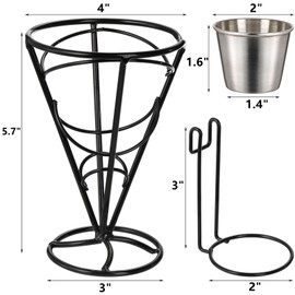 Peohud 4 Pack French Fries Stands, Chip Cone Basket Fry Holder with Sauce Dipper, Metal Wire Snack Fried Chicken Display Rack for Food Appetizers Party Kitchen Restaurant Buffet Cafe Table Serving