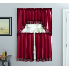 Café Curtains for Kitchen, Bathroom Curtains with Valance, Embroidered Lace Border (Burgundy)