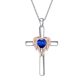 LUHE 925 Sterling Silver Cross Necklace Rose Gold Angel Wing Pendant Necklace for Women Jewelry Gifts (Dark Blue)