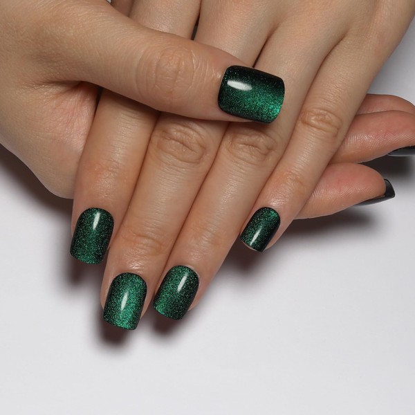 Short Square Press on Nails Green to black Gradient Cat