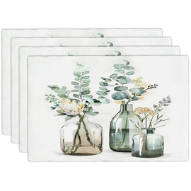 Botanical Plant Placemats Set of 4, 12x18 Inch Summer Leaf Eucalyptus Table Place Mat Spring Washable Non-Slip Heat Resistant Fabric Placement Mats for Dining Kitchen Indoor Outdoor Decor