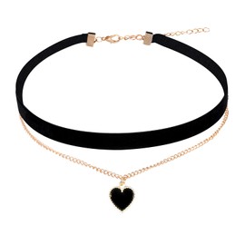 Telooco Costume Necklace Women's Velvet Choker Necklace Black Necklace with Heart Pendant Adjustable Heart Collar Classic Multilayer Velvet Necklace Key Leg Chain for Women Girls, Velvet, alloy,