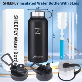 SHEEFLY Insulated Water Bottles, 32oz Vacuum Stainless Steel Water Bottle with Straw & 2 Lids Wide Mouth Metal Water Bottle Leak Proof BPA Free Insulated Sports Water Bottles Keep Hot & Cold (Black)