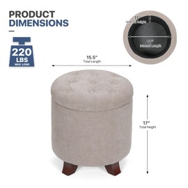 MoNiBloom Round Ottoman with Storage, Small Foot Rest Stool with Legs, 15.5 Dia. x 17 H Inches Upholstered Ottoman with Storage for Living Room, Bedroom, Beige