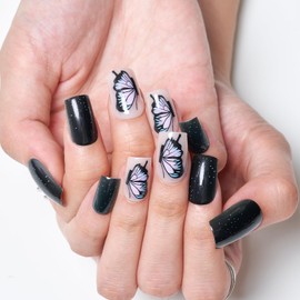 GLAMERMAID Press on Nails Short Square,Black Gel False Nails with Design,24 PCS Glue on Nails,Reusable Acrylic Stick on Nails Tips Manicure Set for Women,Butterfly Habitat/Square