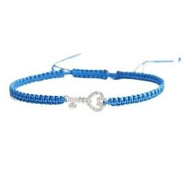 Queenberry Sterling Silver Cubic Zirconia CZ Key W/Love Blue Hand Braided Adjustable Cord Bracelet