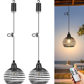 Lightess Outdoor Chandelier for Gazebo Lights Battery Operated, Black Battery Powered Hanging Light Pendant Waterproof for Garden, Patio, Porch