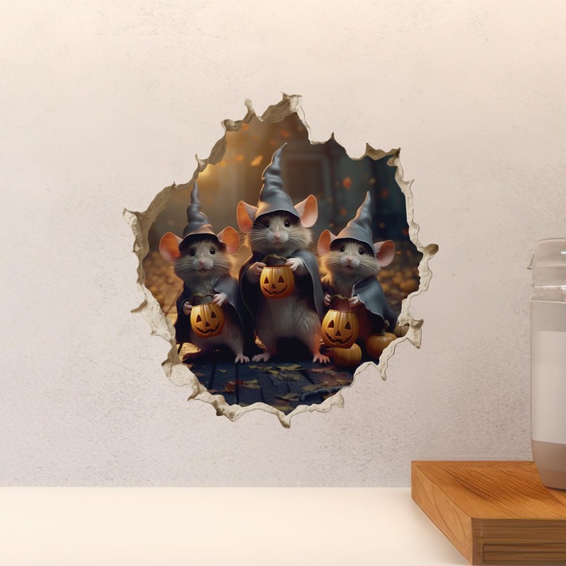 Trick or Treat Witch Mice in Mouse Hole Decal -