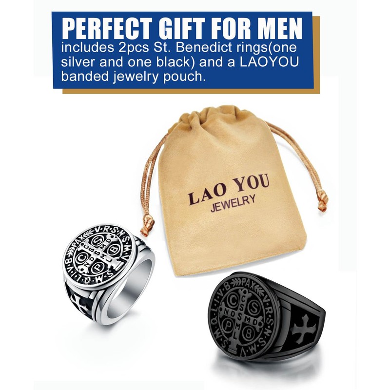 LAOYOU 2Pcs Men's St Benedict Ring Silver Black Stainless Steel