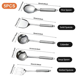 5 PCS Cooking Utensils Set Stainless Steel Kitchen Utensils Gadgets Resistant Cooking Tools Includes Slotted Spoon, Slotted Spatula, Large Spoon, Soup, Spatula(Sliver)