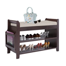 NURTUDIS Shoe Rack Bench Entryway, Bamboo Shoe Bench with Removable Cushion, 2-Tier Shoe Storage Organizer Shelf with Side Drawer & Storage Basket for Entryway Living Room, Bedroom, Bathroom(M)