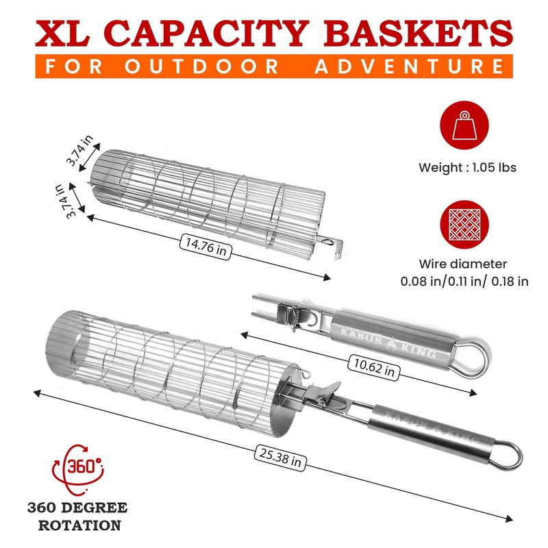 ORIGINAL Rolling Grill Basket Set of 2 w/Detachable Handle. Stainless