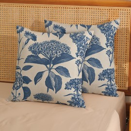 AGAYNA Navy Blue Outdoor Pillow Covers 18x18 Boho Vintage Floral Throw Pillows for Couch Hydrangea Botanical Flower Seasonal Pillowcase Farmhouse Decorative Cushion Case for Sofa Bed Decor Set of 2