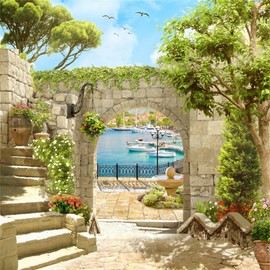 Laeacco Italy Scenery Frasco Backdrop 8x8ft Vinyl Photography Background European Arch Door Floral Stairway Towards The Harbour Boats Scene Landscape Scenic Indoor Decors Wallpaper Wedding Shoot