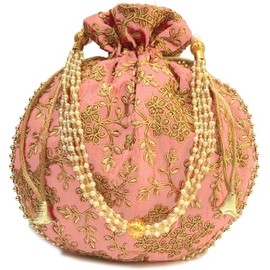 Estationeryhouse Handcrafted Women Silk Potli Bag Purse Handbag Indian Raw Slik Party Wedding Clutch Bag Traditional Return gift (Baby Pink)