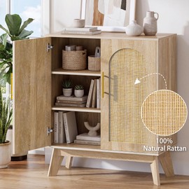 Sideboard Buffet Cabinet with Storage, Rattan Storage Cabinet with Arched Doors & Solid Wood Legs, Coffee Bar Cabinet w/Adjustable Shelf for Kitchen, Living Room, Entryway, Natural
