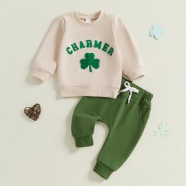 Amnnchya Toddler Baby Boy St Patricks Day Outfit Charmer Shamrock Sweatshirt Pants Fall Winter Spring Clothes Set (Khaki, 6-12 Months)