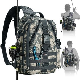 Piscifun Fishing Tackle Backpack with Rod & Gear Holder, Lightweight Outdoor Water-Resistant Fishing Shoulder Storage Bag