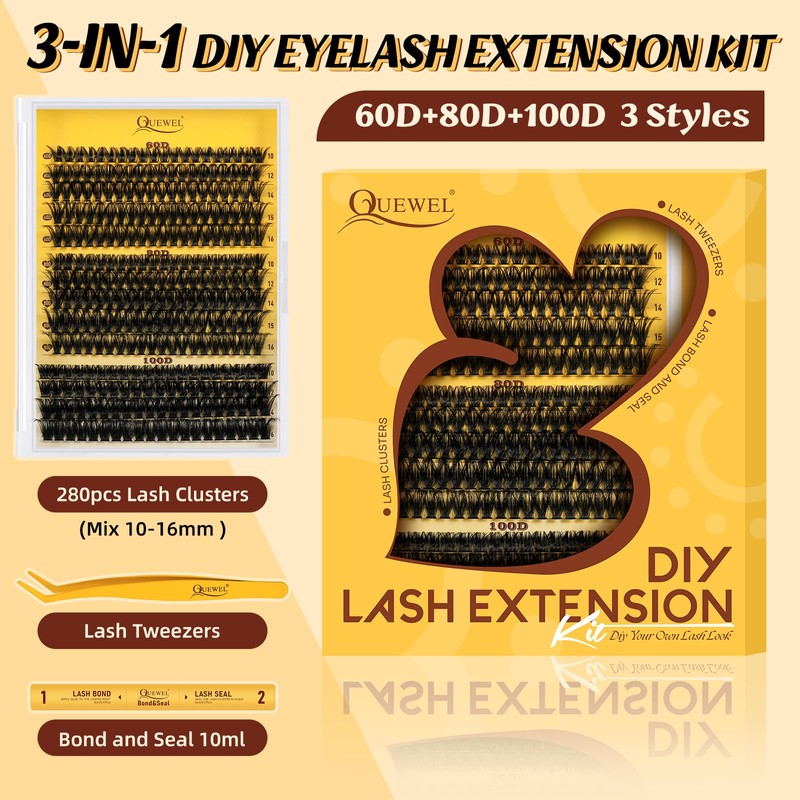 QUEWEL Eyelash Extensions Set, 280 Pieces, Individual Eyelashes, 60 +