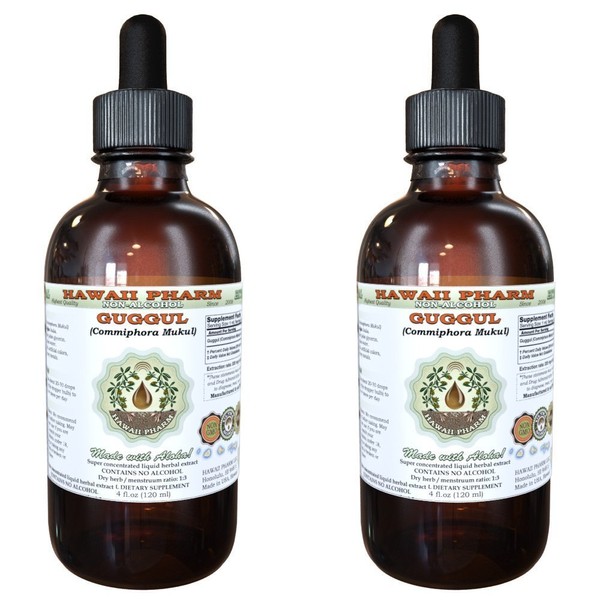 HawaiiPharm Guggul Alcohol-Free Liquid Extract, Organic Guggul (Commiphora Mukul) Unprocessed Gum Resin Glycerite Natural Herbal Supplement 2x4 oz