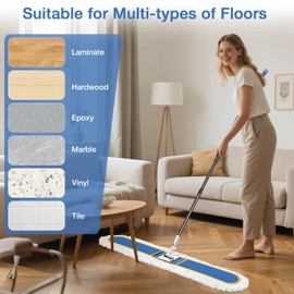48" Commercial Industrial Dust Mop for Floor Cleaning, Large Floor Dust Broom with Washable Mops Pads, Wet Dry Duster Mops for Hardwood Floors,Marble, Laminate, Tile, Concrete, Garage,Blue