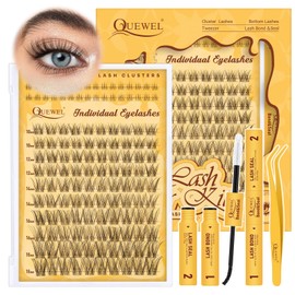 QUEWEL Natural Cluster-Lashes Kit with Bottom Lashes, D Curl Wispy Eyelash-Clusters Mix 10-18mm, Eyelashes-Individual Kit with Bond and Seal and Tweezers DIY lash extensions at home(SXJM LASH 04)