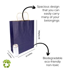 JET PAPER BAGS - 12”x5”x16” Inch [100 Pcs] Large Gift Bags with Handles Bulk Prime Kraft Bags for Gifts, Grocery, Goody, Retail, Party, Weddings - Kraft Paper Gift Bags (Navy Blue 100 PCS Count)