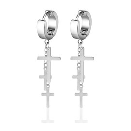 Fusamk Punk Cross Drop Dangle Earrings Huggie Hinged Hoop Earrings,2PCS(White)