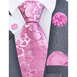 GUSLESON Mens Pink Tie Paisley Wedding Solid Silk Necktie Pocket Square Cufflinks and Lapel Pin Brooch Set (6105-15)