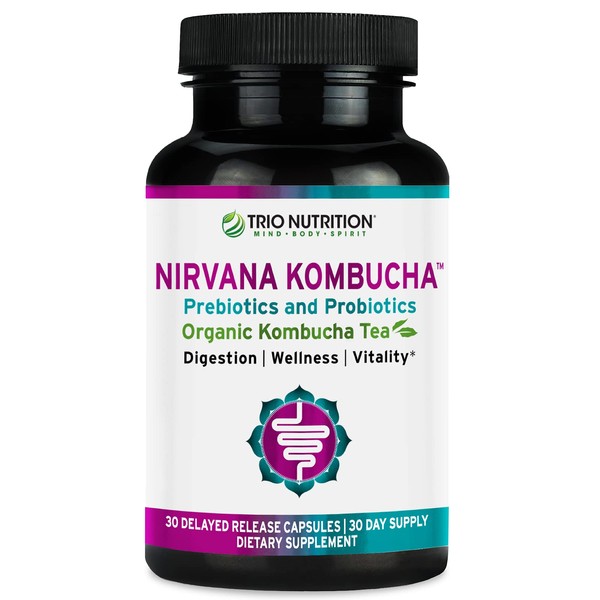 Trio Nutrition Nirvana Kombucha | Prebiotics, Probiotics & Organic Kombucha Tea | Probiotic Multi Enzyme Digestive Formula | Digestive & Immune Support | Prebiotics for Women & Men | 30 Day Supply