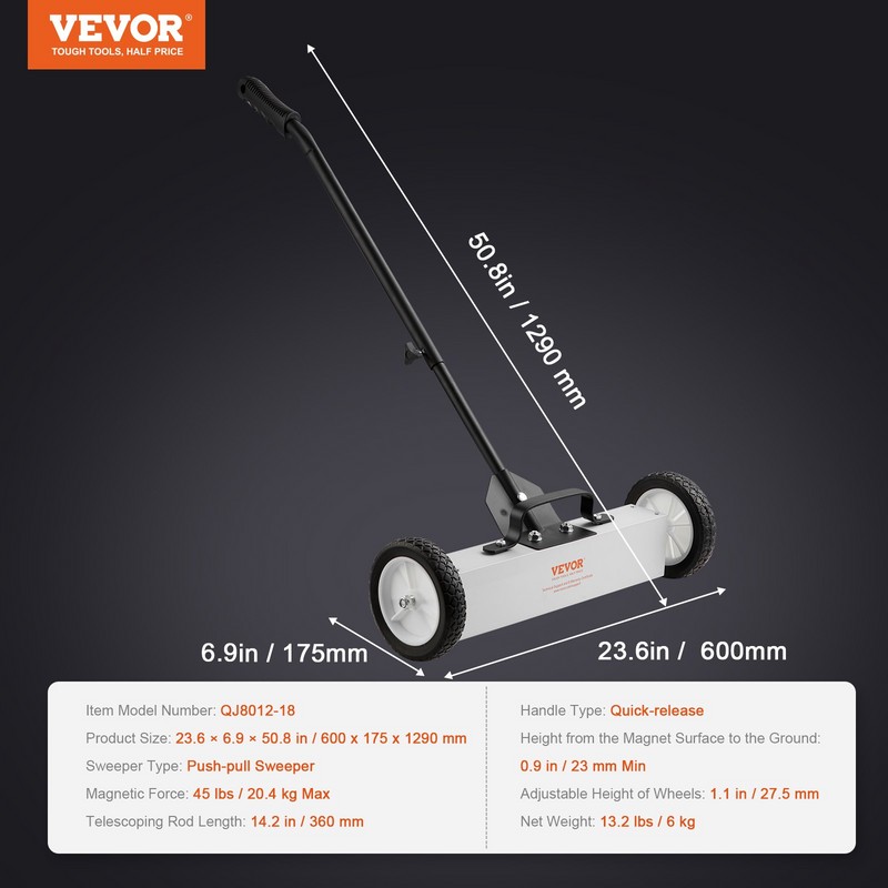 VEVOR 45Lbs Rolling Magnetic Sweeper with Wheels, Push-Type Magnetic Pick