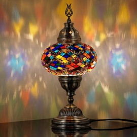 DEMMEX – 7" Large Globe Turkish Moroccan Mosaic Table Lamp, Handcrafted Tiffany-Style Colorful Glass Bedside, Desk & Table Light, Artisan Decor for Living Room or Bedroom, 14" H (Multicolor)