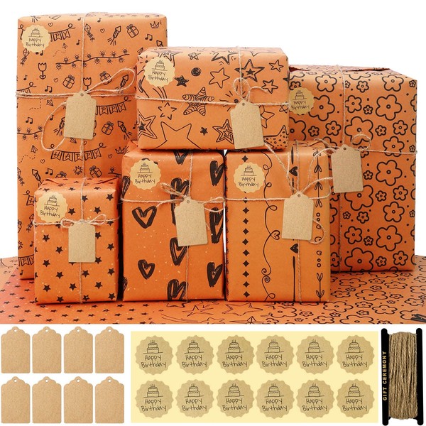 FullJoyHut 6 Sheets Kraft Birthday Gift Wrapping Paper 70 x 50 cm, with 12 Stickers, 8 Kraft Paper Gift Tags, 1 Roll Lute Ropes Gift Box for Birthday Christmas