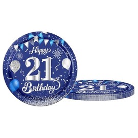 Happy 21st Birthday Paper Plates 9inch Blue and Sliver,16Pcs Tableware Party Plates,Happy 21st Birthday Decorations Plates for Boys,Girls,Kids,Him,Her 21st Birthday Party Supplies Table Decor