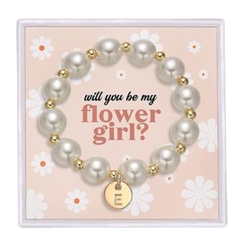 GINAZL Pearl Bracelet for Weeding, Flower Grl Jewelry Set for Wedding Initial E Charm Bracelet Bridal Shower Wedding Gifts Flower Grl Dress Accessories (E)