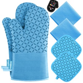 KEGOUU Oven Mitts and Pot Holders 6pcs Set, Kitchen Oven Glove High Heat Resistant 500 Degree Extra Long Oven Mitts and Potholder with Non-Slip Silicone Surface for Cooking (Sky Blue)