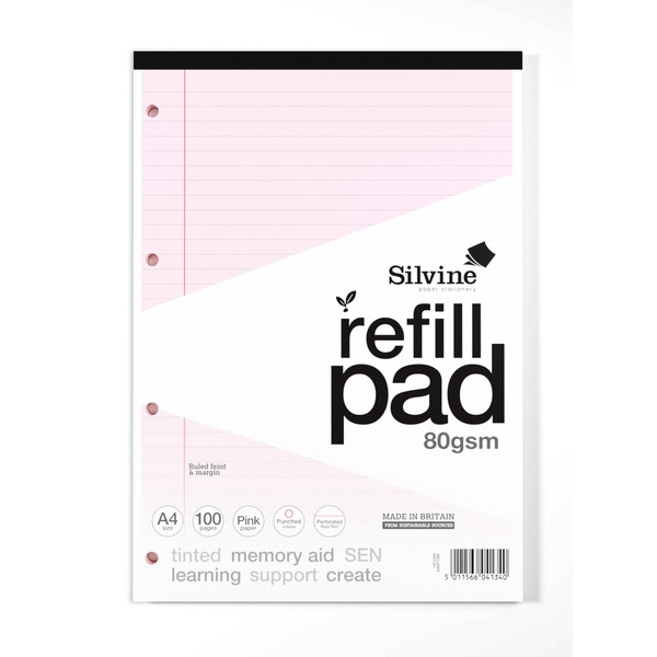 Silvine A4 Pink Paper Dyslexia Refill Pad - Lined with