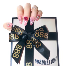 888MILLION Luxury Press On Set False Xtensions Glue and Cuticle Stick 20PCS Couture Quality High Gloss Nails Instant Application With Charms Soft Gel Nail Tip Nail Kit Acrylic Style HAND POLISHED AND CURED HAND MADE Manicure Press On Sets (OSAKA STYLE, L