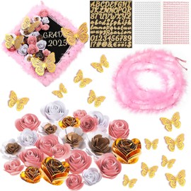 Daifunli 2025 DIY Graduation Cap Decorations Kit Grad Cap Accessory Include Faux Artificial Flower Feather Trim 3D Butterfly Pearl Rhinestones Stickers for Grad Party Decor(Fresh Color)