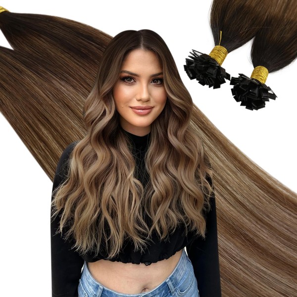 Ugeat Hair Extensions, Bonded Flat Keratin Glue Tips, 100% Remy Brazilian Real Hair, Dark Brown to Medium Brown and Light Golden Brown, #2/6/12, 56 cm, 1g/Strand, 50 Pieces/Pack