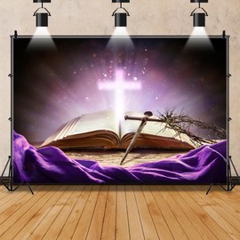 Mestiker 7x5ft Jesus Christ Cross Backdrop Purple Church Backdrop Banner Open Bible Nail Holy Light Photography Background Crucifixion Religious Belief Studio Props Vinyl
