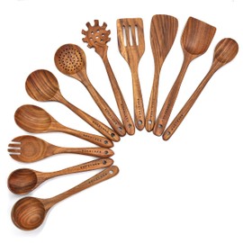 11 Pcs Wooden Kitchen Utensils Set - Wooden Spoons, Spatulas and More for Cooking